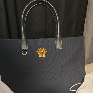 Versace Navy Tote with Gold Medusa Accent